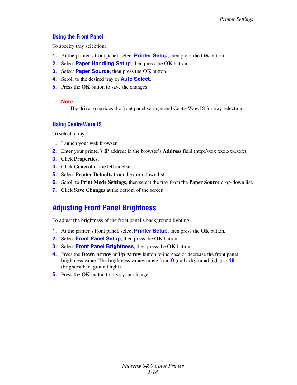 Adjusting front panel brightness, Adjusting front panel brightness -18 | Xerox Phaser Color Printer 8400 User Manual | Page 25 / 203
