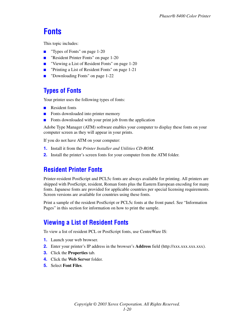 Fonts, Types of fonts, Resident printer fonts | Viewing a list of resident fonts, Fonts -20 | Xerox Phaser Color Printer 8400 User Manual | Page 27 / 203