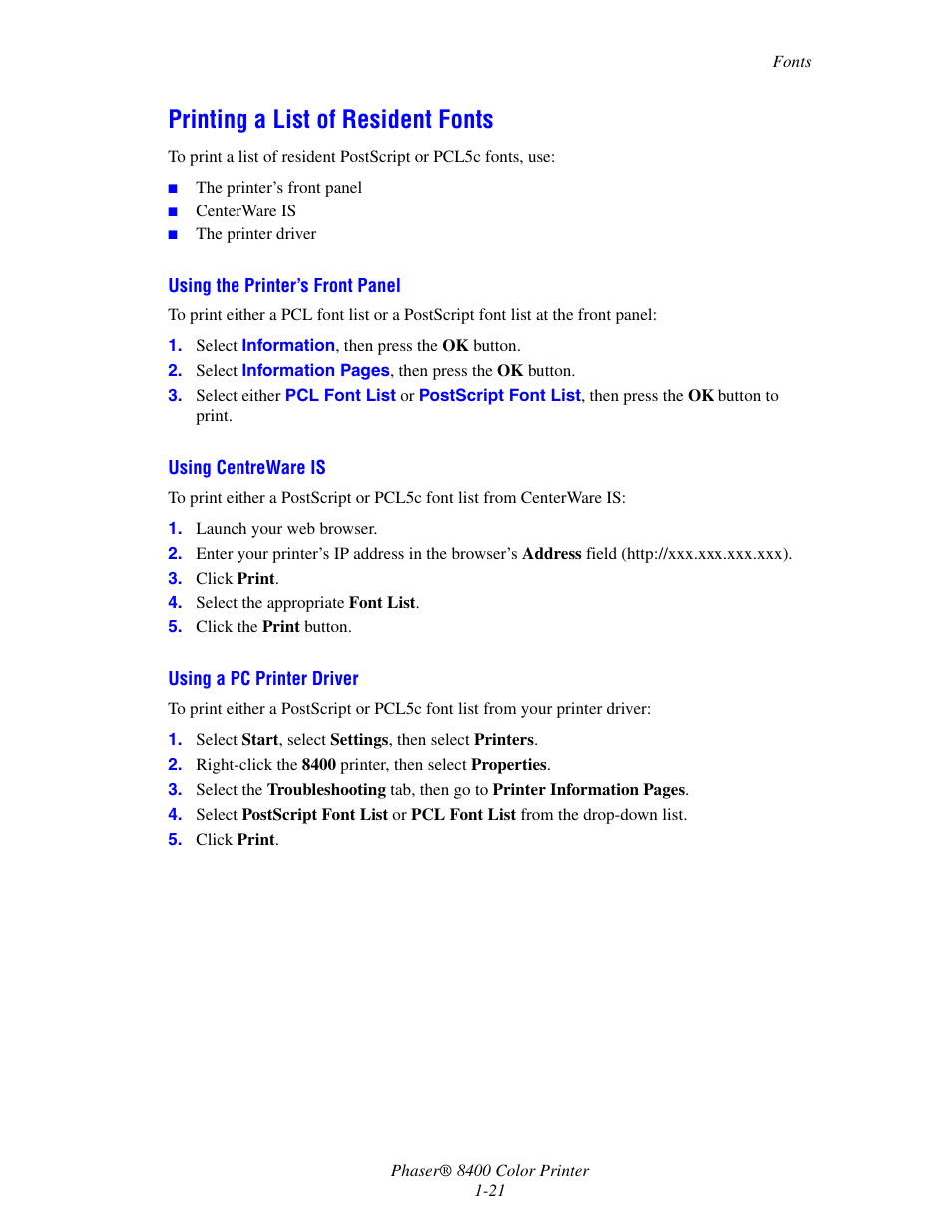 Printing a list of resident fonts, Printing a list of resident fonts -21 | Xerox Phaser Color Printer 8400 User Manual | Page 28 / 203