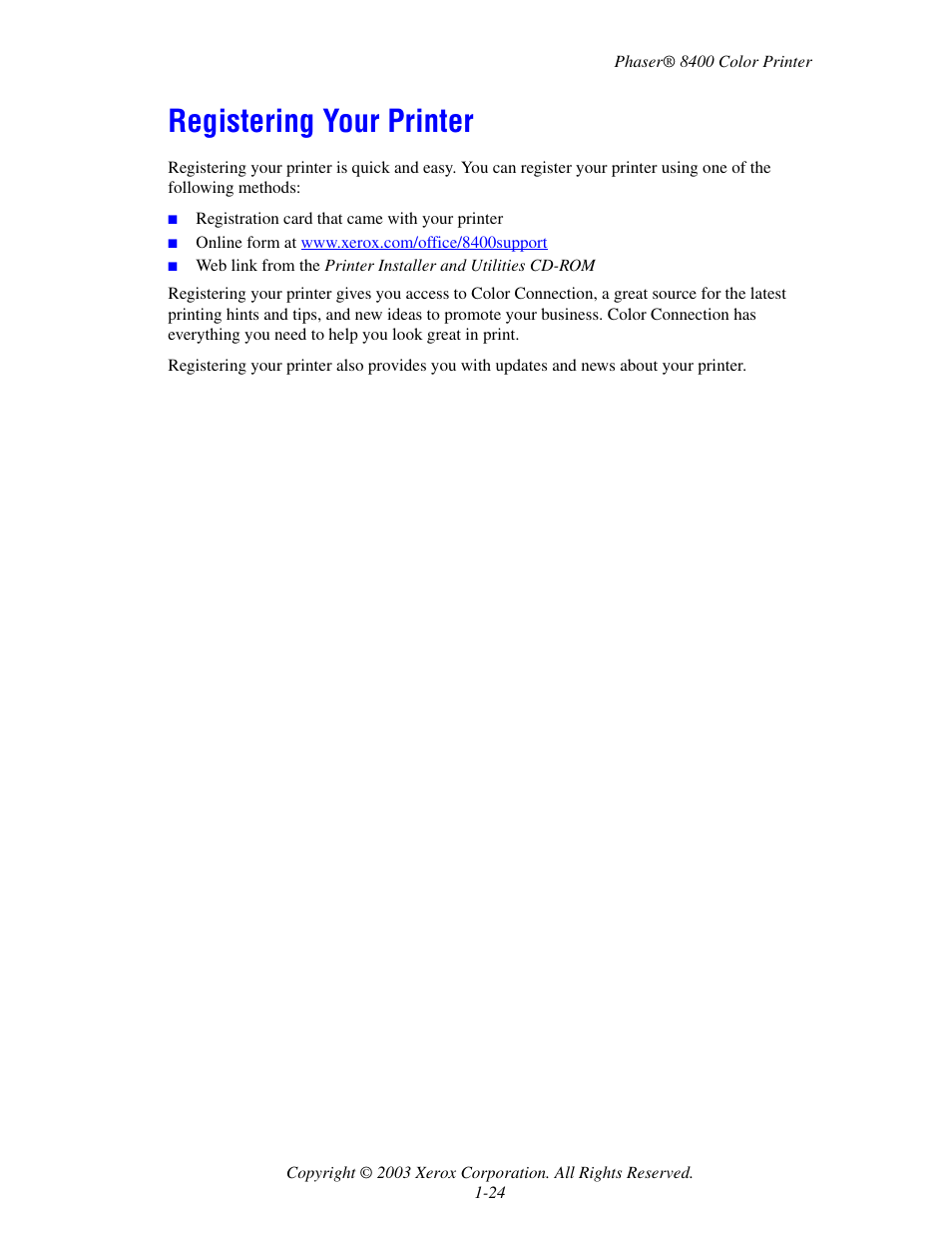 Registering your printer, Registering your printer -24 | Xerox Phaser Color Printer 8400 User Manual | Page 31 / 203