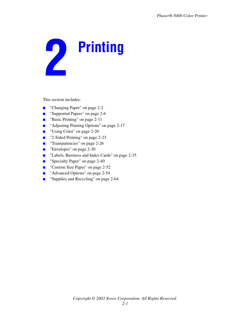 Printing, 2 printing | Xerox Phaser Color Printer 8400 User Manual | Page 32 / 203