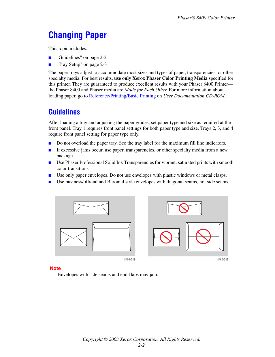Changing paper, Guidelines, Changing paper -2 | Guidelines -2 | Xerox Phaser Color Printer 8400 User Manual | Page 33 / 203