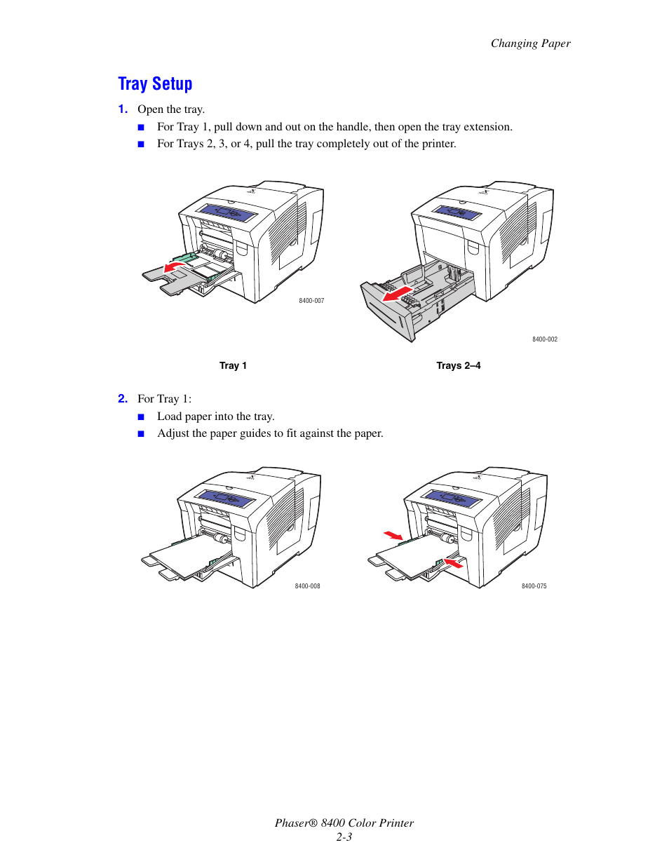 Tray setup, Tray setup -3 | Xerox Phaser Color Printer 8400 User Manual | Page 34 / 203