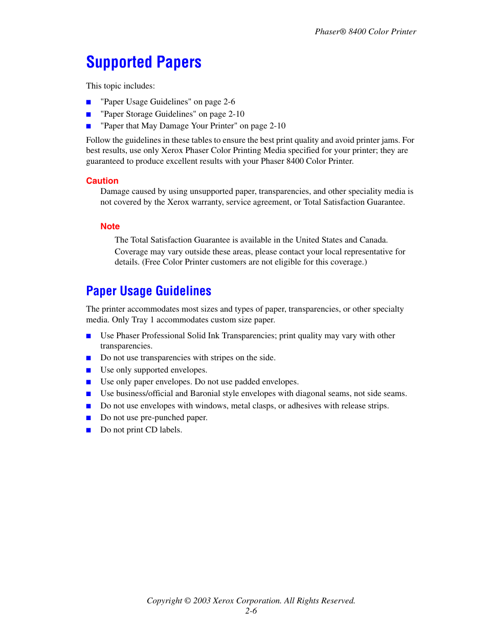 Supported papers, Paper usage guidelines, Supported papers -6 | Paper usage guidelines -6 | Xerox Phaser Color Printer 8400 User Manual | Page 37 / 203