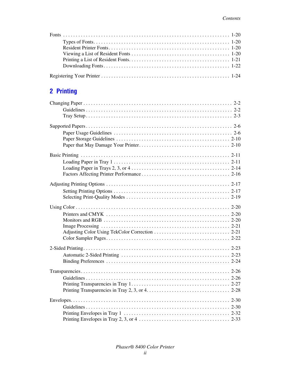 2 printing | Xerox Phaser Color Printer 8400 User Manual | Page 4 / 203