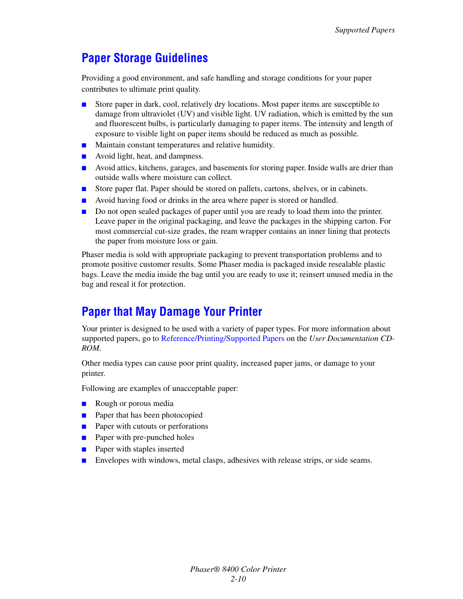 Paper storage guidelines, Paper that may damage your printer | Xerox Phaser Color Printer 8400 User Manual | Page 41 / 203