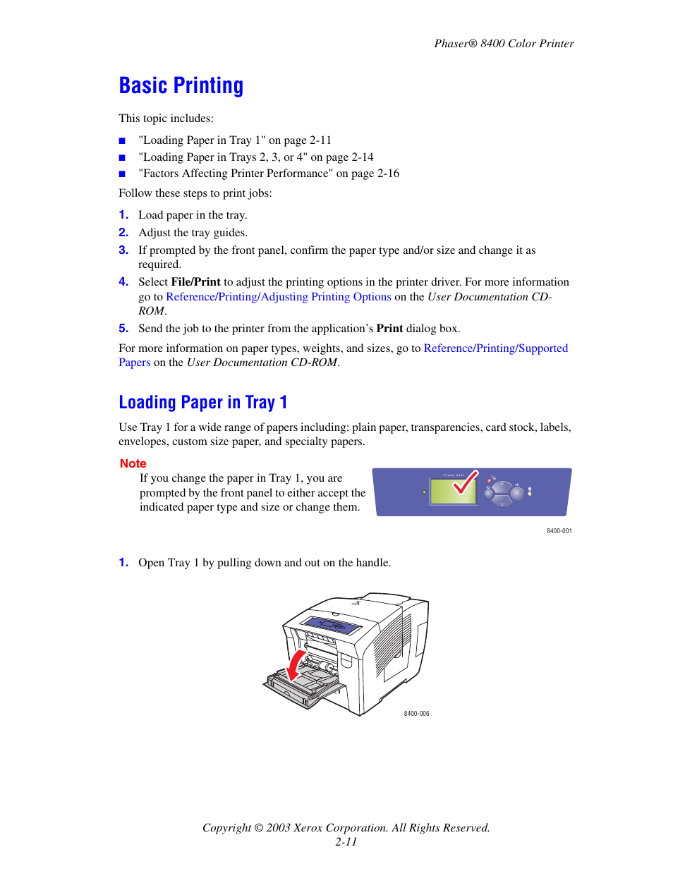 Basic printing, Loading paper in tray 1, Basic printing -11 | Loading paper in tray 1 -11 | Xerox Phaser Color Printer 8400 User Manual | Page 42 / 203