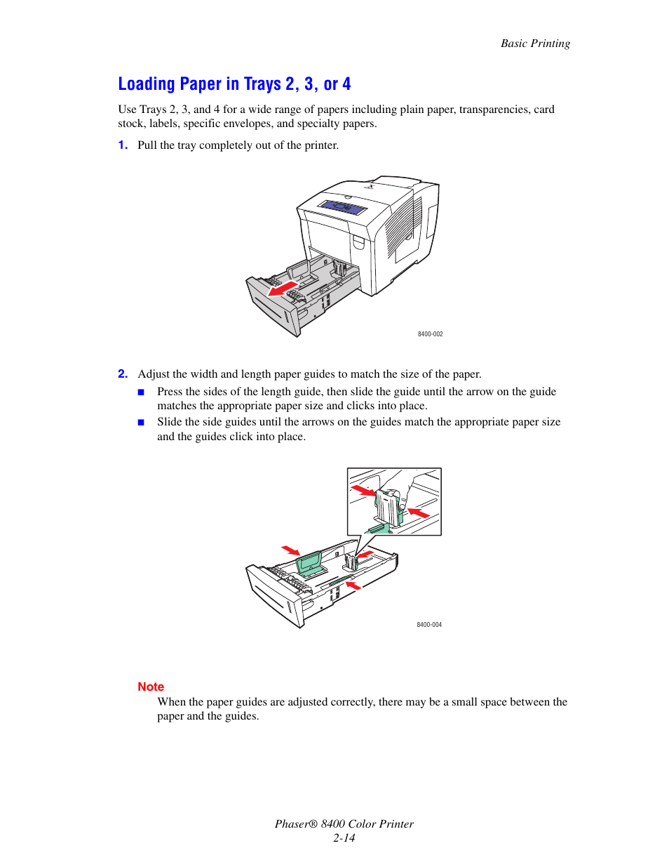 Loading paper in trays 2, 3, or 4, Loading paper in trays 2, 3, or 4 -14 | Xerox Phaser Color Printer 8400 User Manual | Page 45 / 203