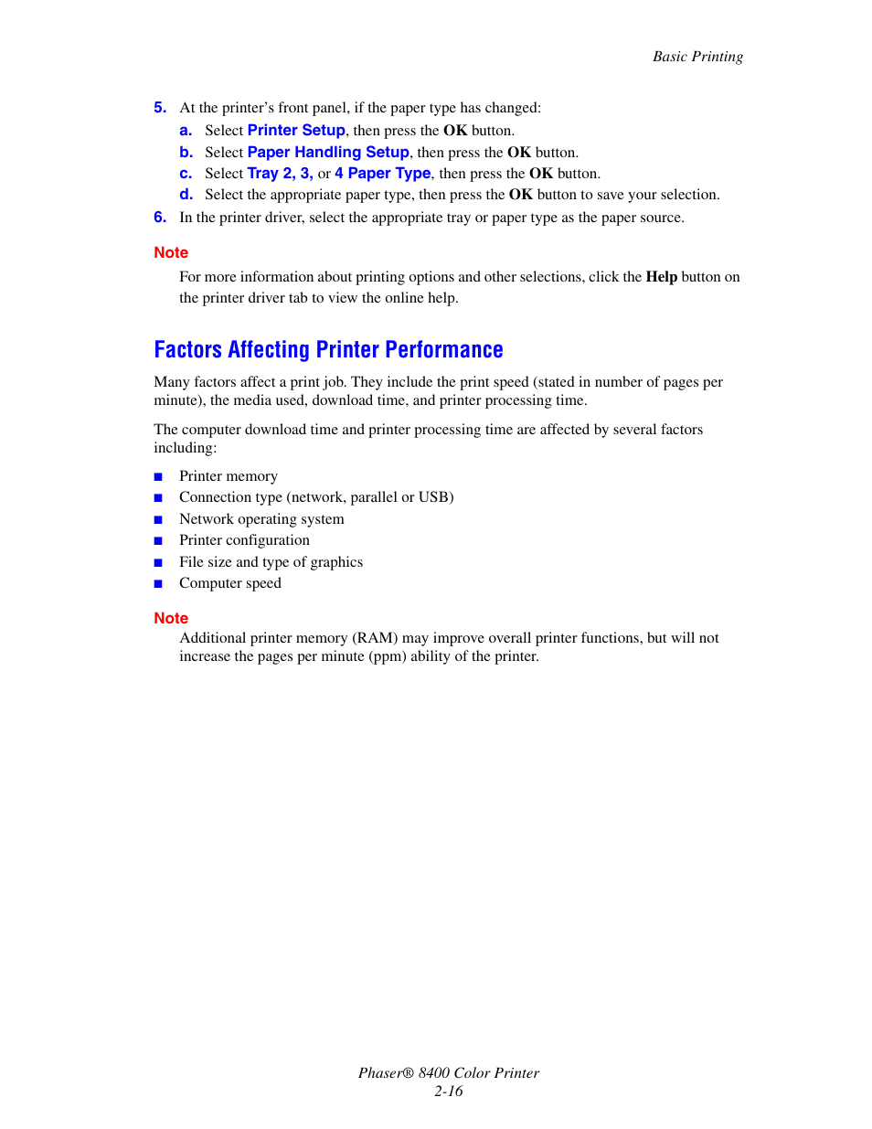 Factors affecting printer performance, Factors affecting printer performance -16 | Xerox Phaser Color Printer 8400 User Manual | Page 47 / 203