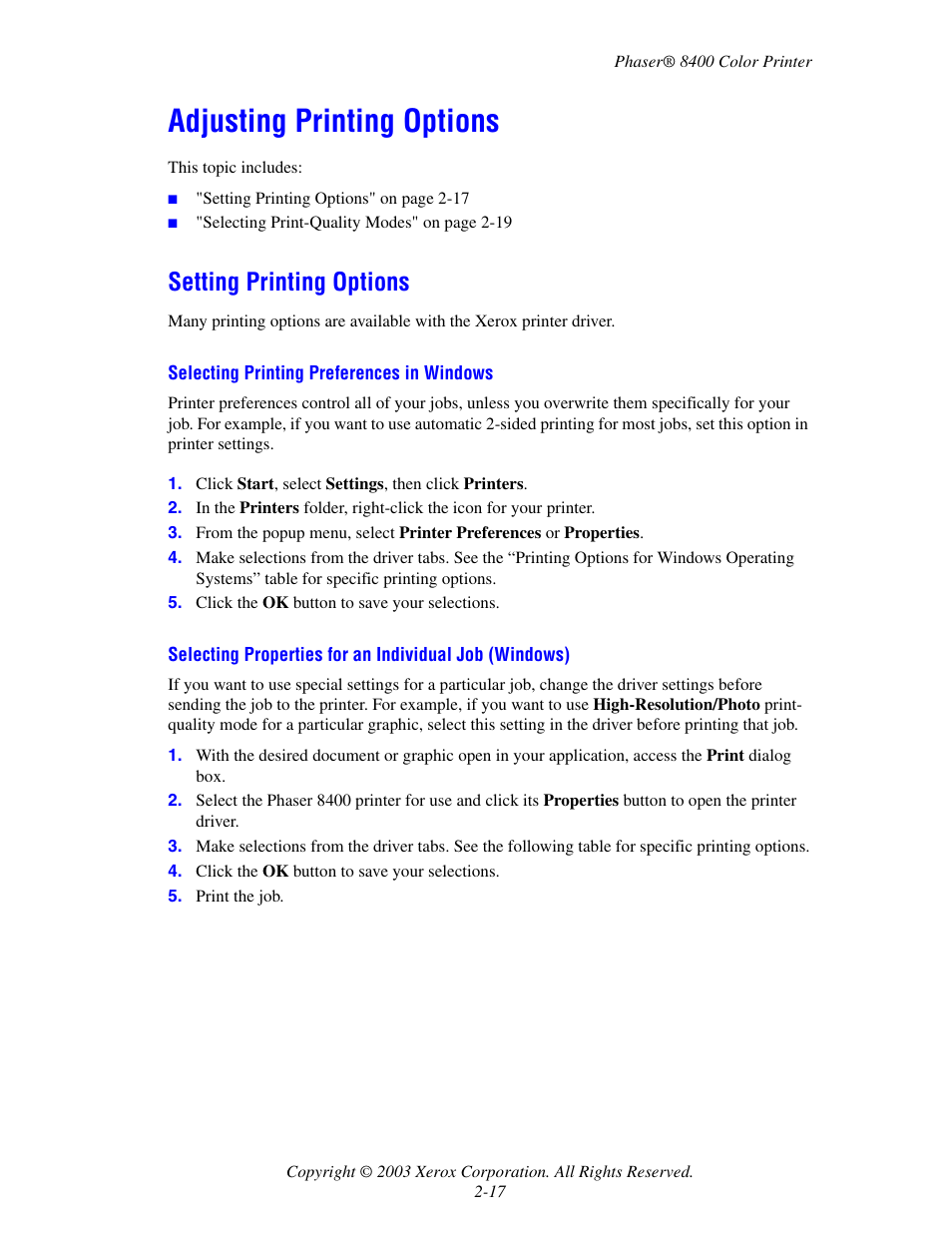 Adjusting printing options, Setting printing options, Adjusting printing options -17 | Setting printing options -17 | Xerox Phaser Color Printer 8400 User Manual | Page 48 / 203