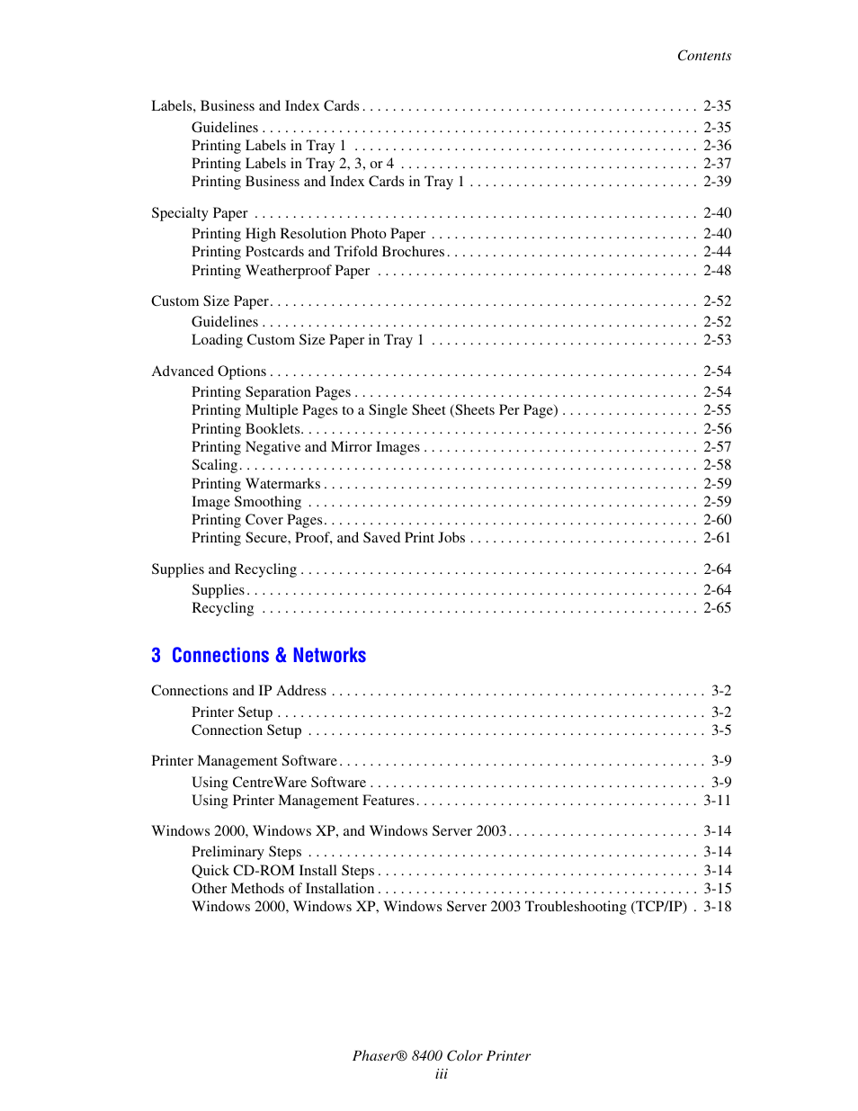 3 connections & networks | Xerox Phaser Color Printer 8400 User Manual | Page 5 / 203