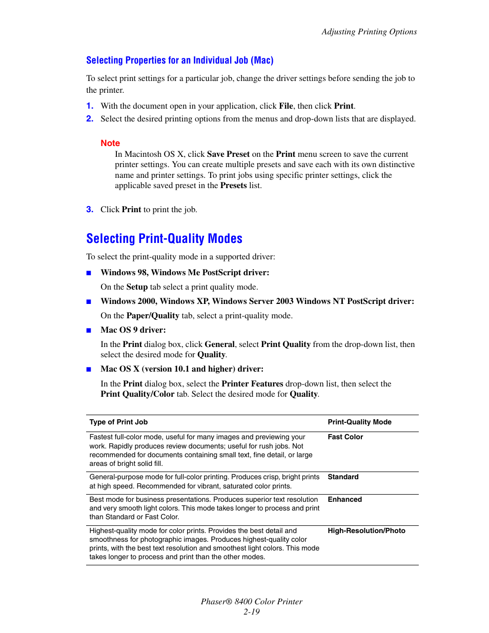 Selecting print-quality modes, Selecting print-quality modes -19 | Xerox Phaser Color Printer 8400 User Manual | Page 50 / 203