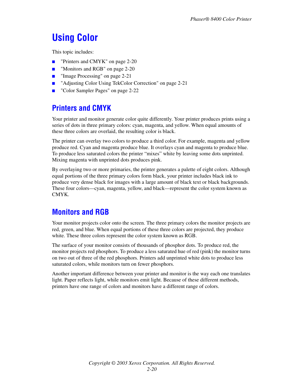 Using color, Printers and cmyk, Monitors and rgb | Using color -20, Printers and cmyk -20 monitors and rgb -20 | Xerox Phaser Color Printer 8400 User Manual | Page 51 / 203