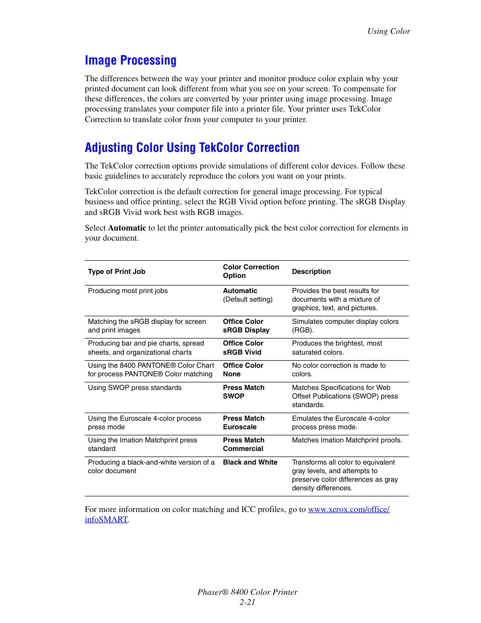 Image processing, Adjusting color using tekcolor correction | Xerox Phaser Color Printer 8400 User Manual | Page 52 / 203