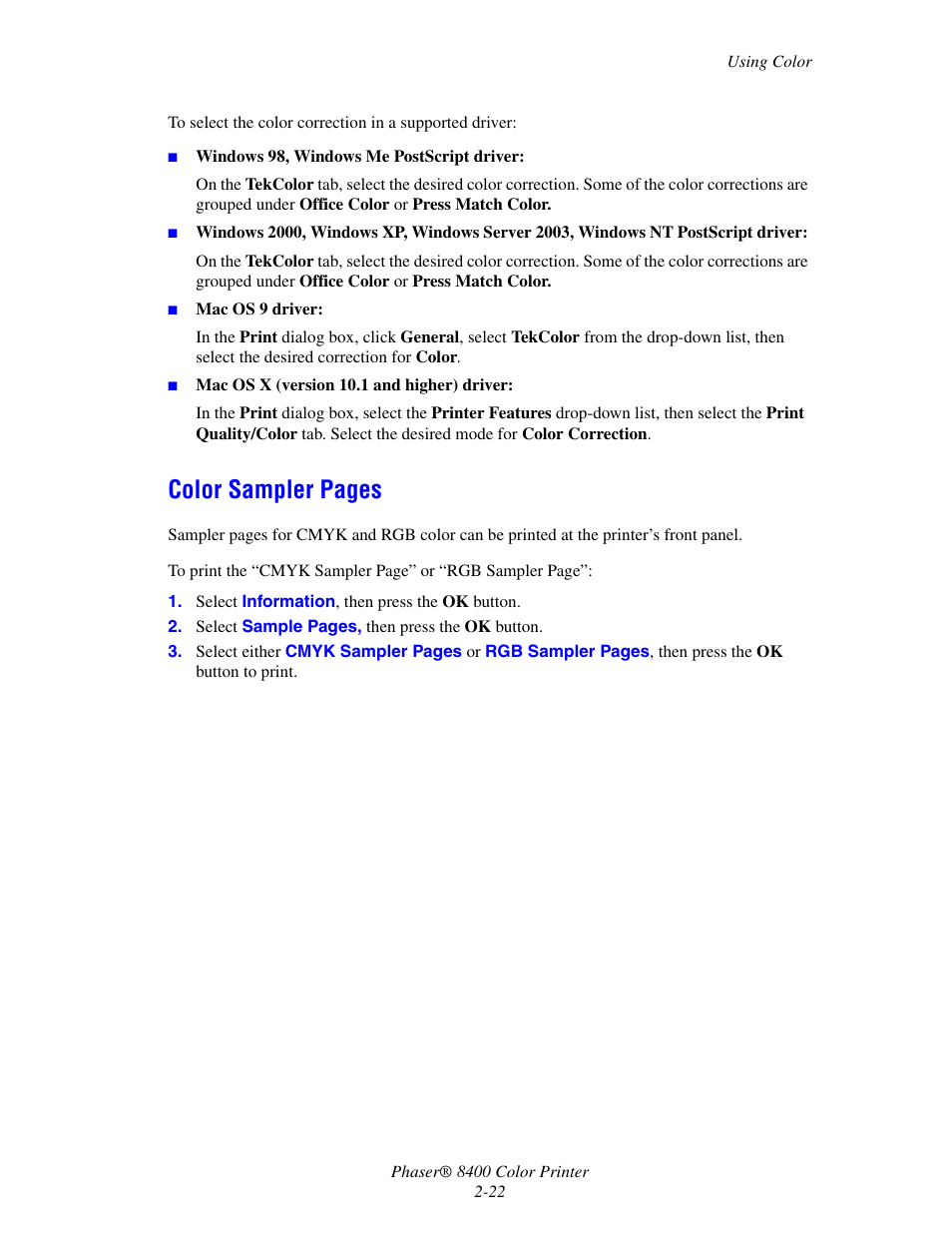 Color sampler pages | Xerox Phaser Color Printer 8400 User Manual | Page 53 / 203