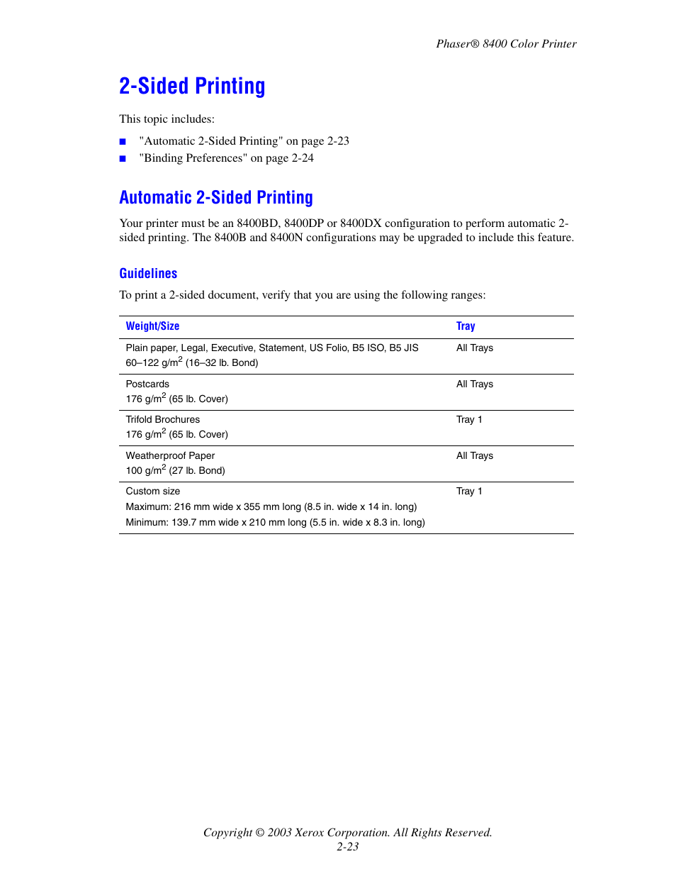 Sided printing, Automatic 2-sided printing, Sided printing -23 | Automatic 2-sided printing -23 | Xerox Phaser Color Printer 8400 User Manual | Page 54 / 203