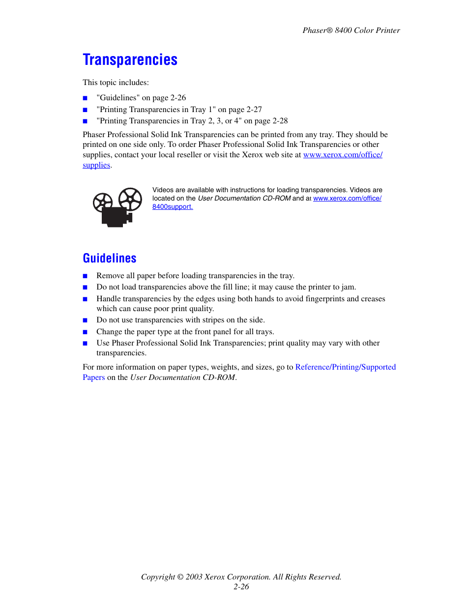 Transparencies, Guidelines, Transparencies -26 | Guidelines -26 | Xerox Phaser Color Printer 8400 User Manual | Page 57 / 203