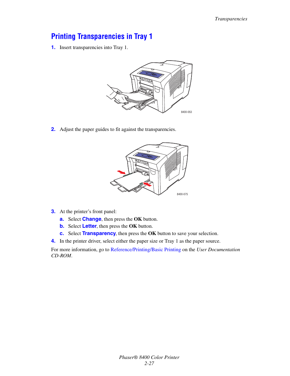 Printing transparencies in tray 1, Printing transparencies in tray 1 -27 | Xerox Phaser Color Printer 8400 User Manual | Page 58 / 203