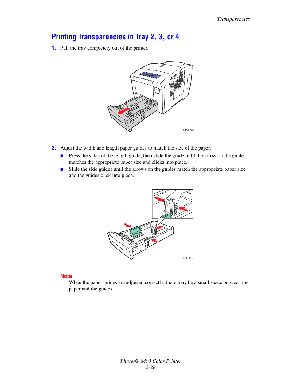 Printing transparencies in tray 2, 3, or 4, Printing transparencies in tray 2, 3, or 4 -28 | Xerox Phaser Color Printer 8400 User Manual | Page 59 / 203