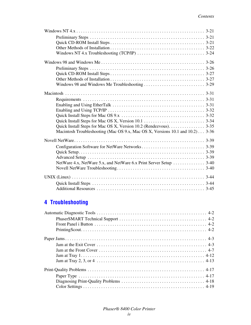 4 troubleshooting | Xerox Phaser Color Printer 8400 User Manual | Page 6 / 203