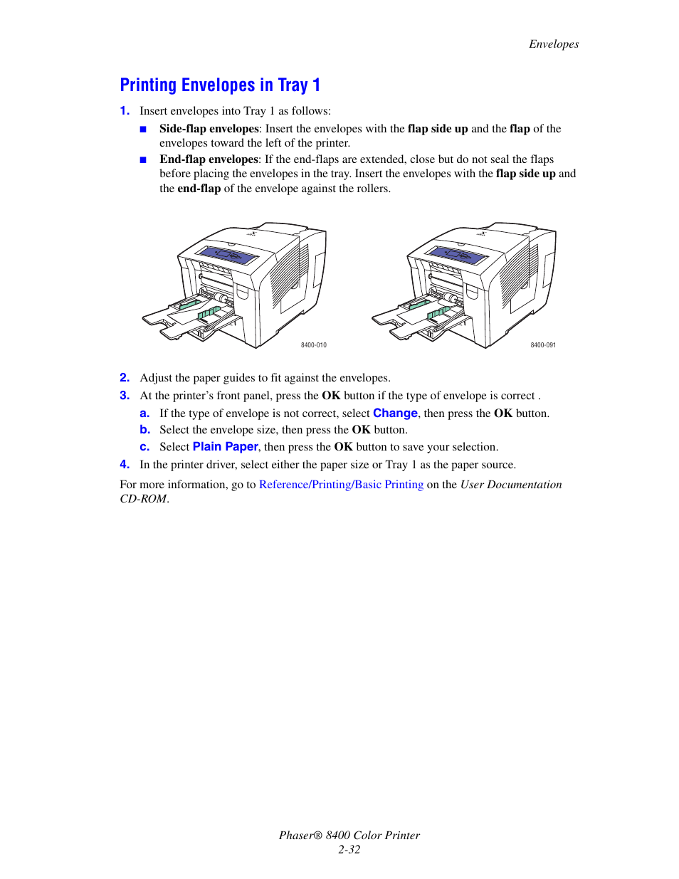 Printing envelopes in tray 1, Printing envelopes in tray 1 -32 | Xerox Phaser Color Printer 8400 User Manual | Page 63 / 203