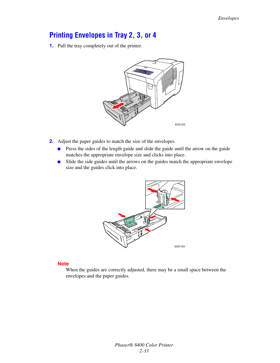 Printing envelopes in tray 2, 3, or 4, Printing envelopes in tray 2, 3, or 4 -33 | Xerox Phaser Color Printer 8400 User Manual | Page 64 / 203