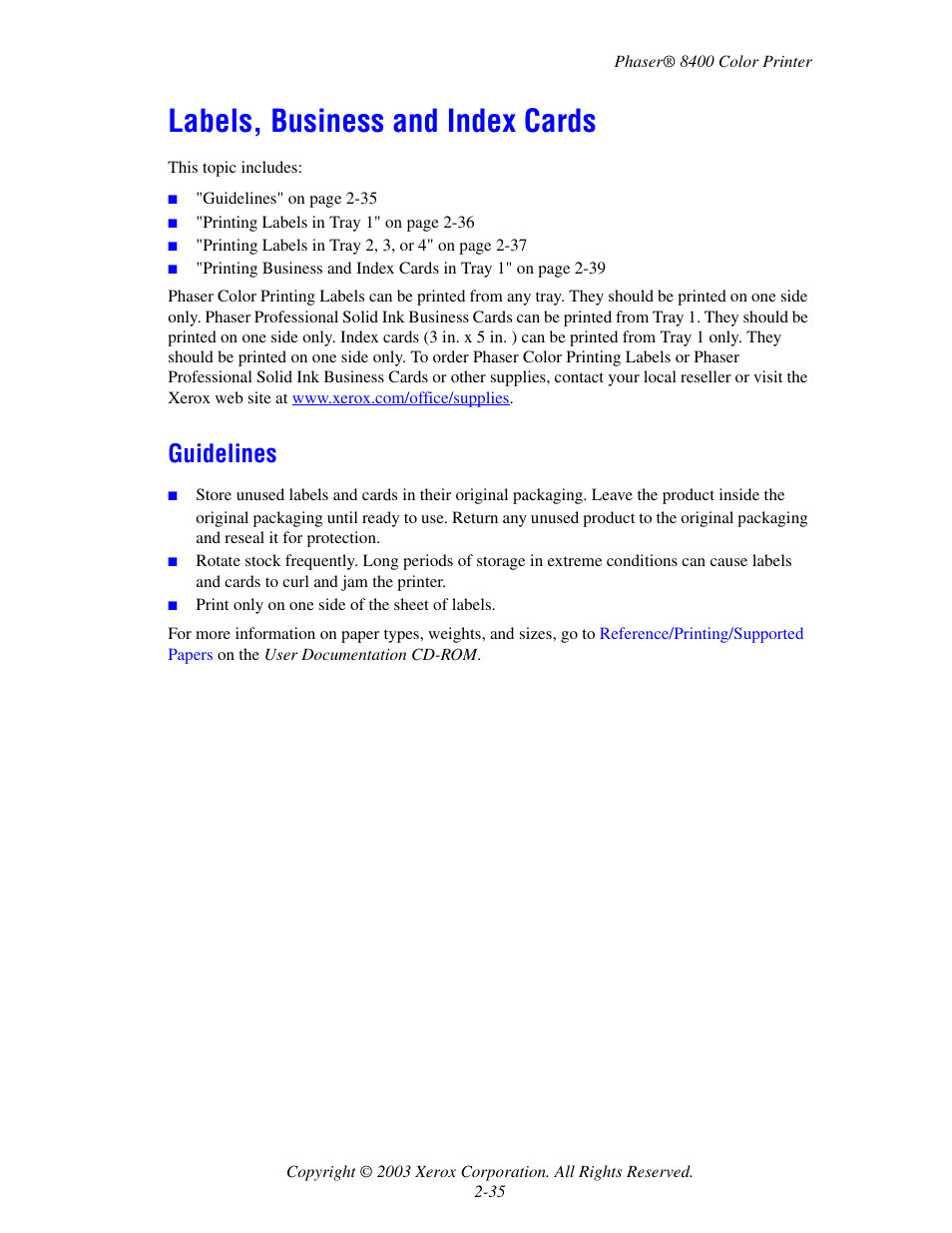 Labels, business and index cards, Guidelines, Labels, business and index cards -35 | Guidelines -35 | Xerox Phaser Color Printer 8400 User Manual | Page 66 / 203