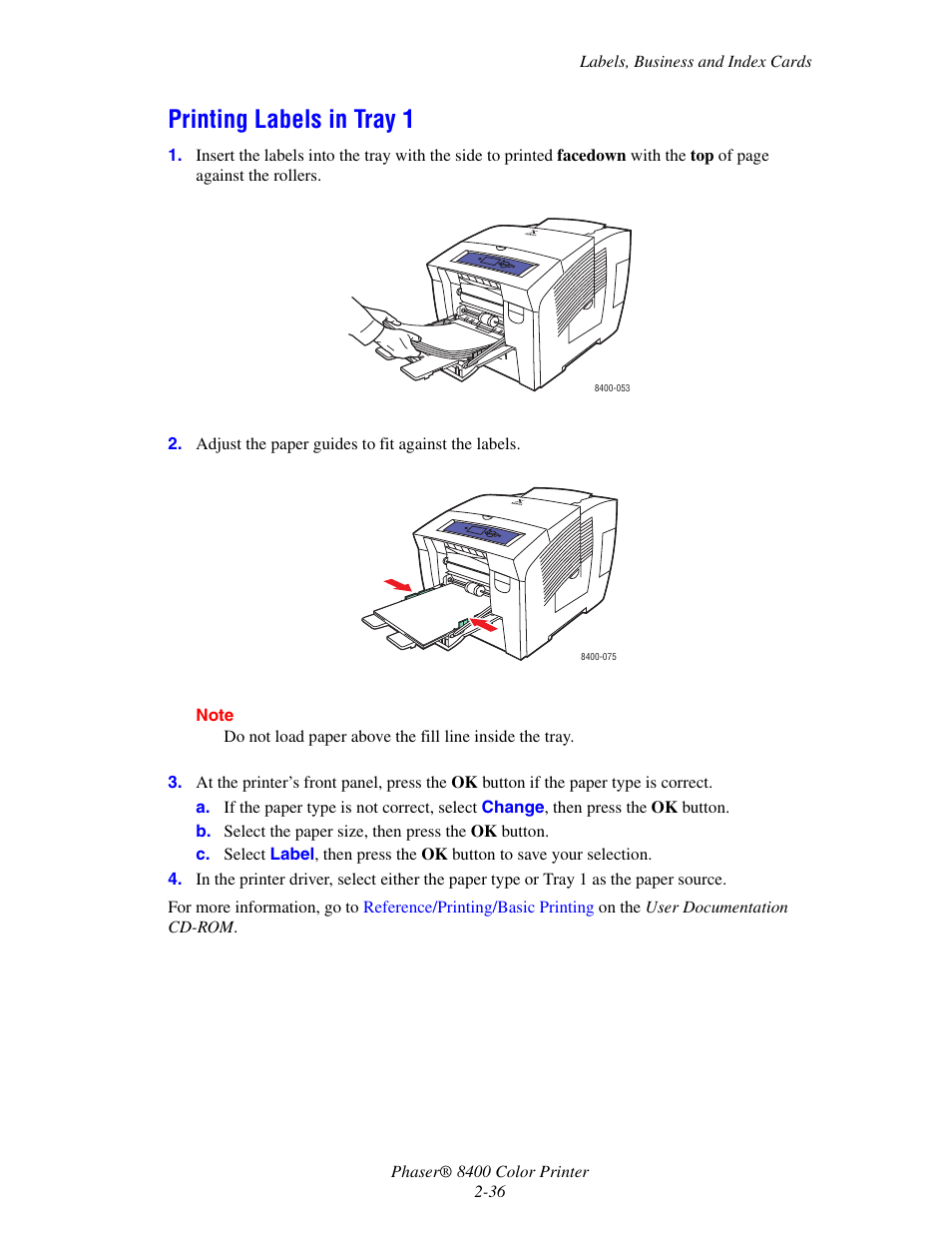 Printing labels in tray 1, Printing labels in tray 1 -36 | Xerox Phaser Color Printer 8400 User Manual | Page 67 / 203