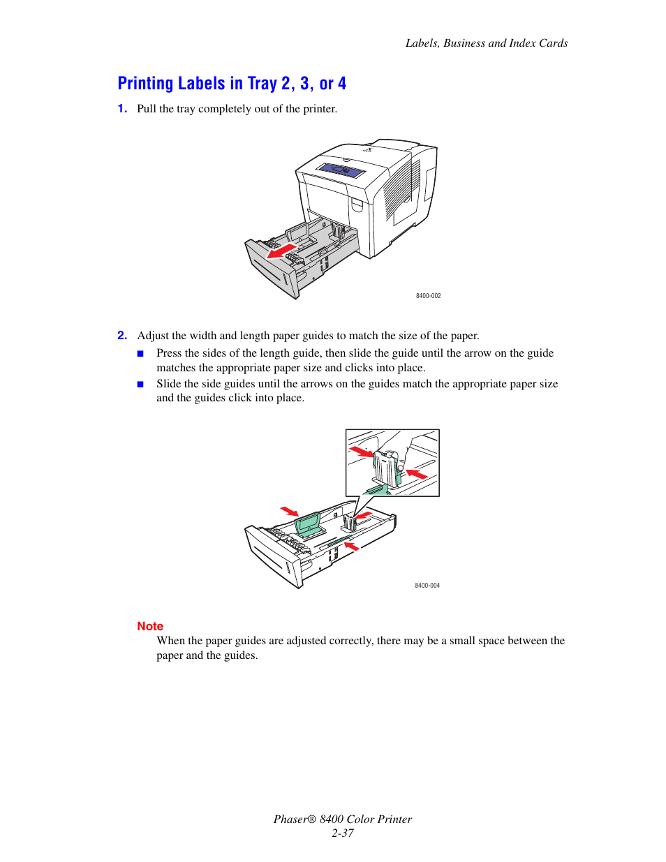 Printing labels in tray 2, 3, or 4, Printing labels in tray 2, 3, or 4 -37 | Xerox Phaser Color Printer 8400 User Manual | Page 68 / 203