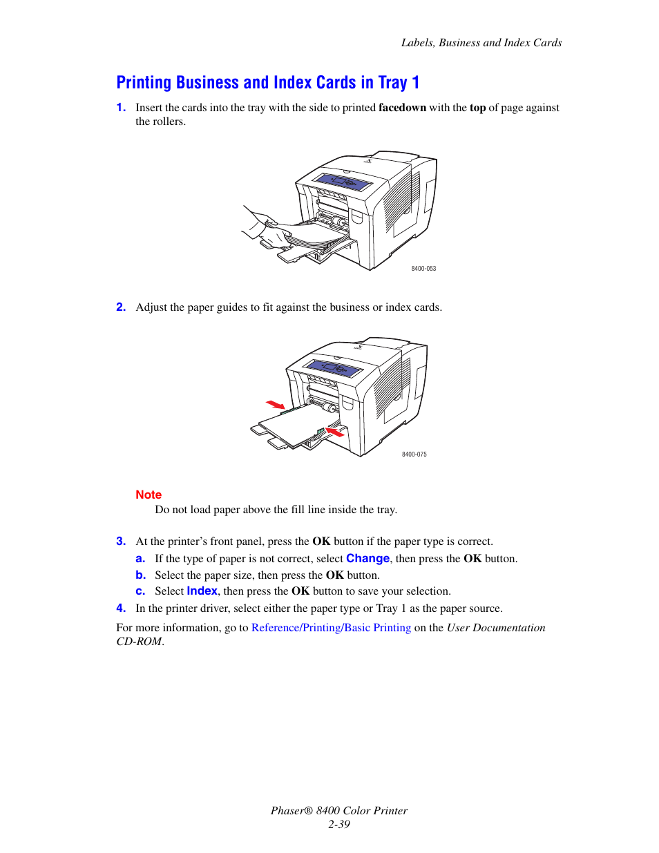 Printing business and index cards in tray 1, Printing business and index cards in tray 1 -39 | Xerox Phaser Color Printer 8400 User Manual | Page 70 / 203