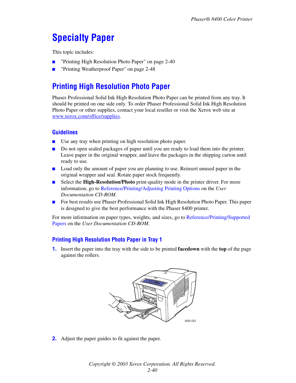 Specialty paper, Printing high resolution photo paper, Specialty paper -40 | Printing high resolution photo paper -40 | Xerox Phaser Color Printer 8400 User Manual | Page 71 / 203