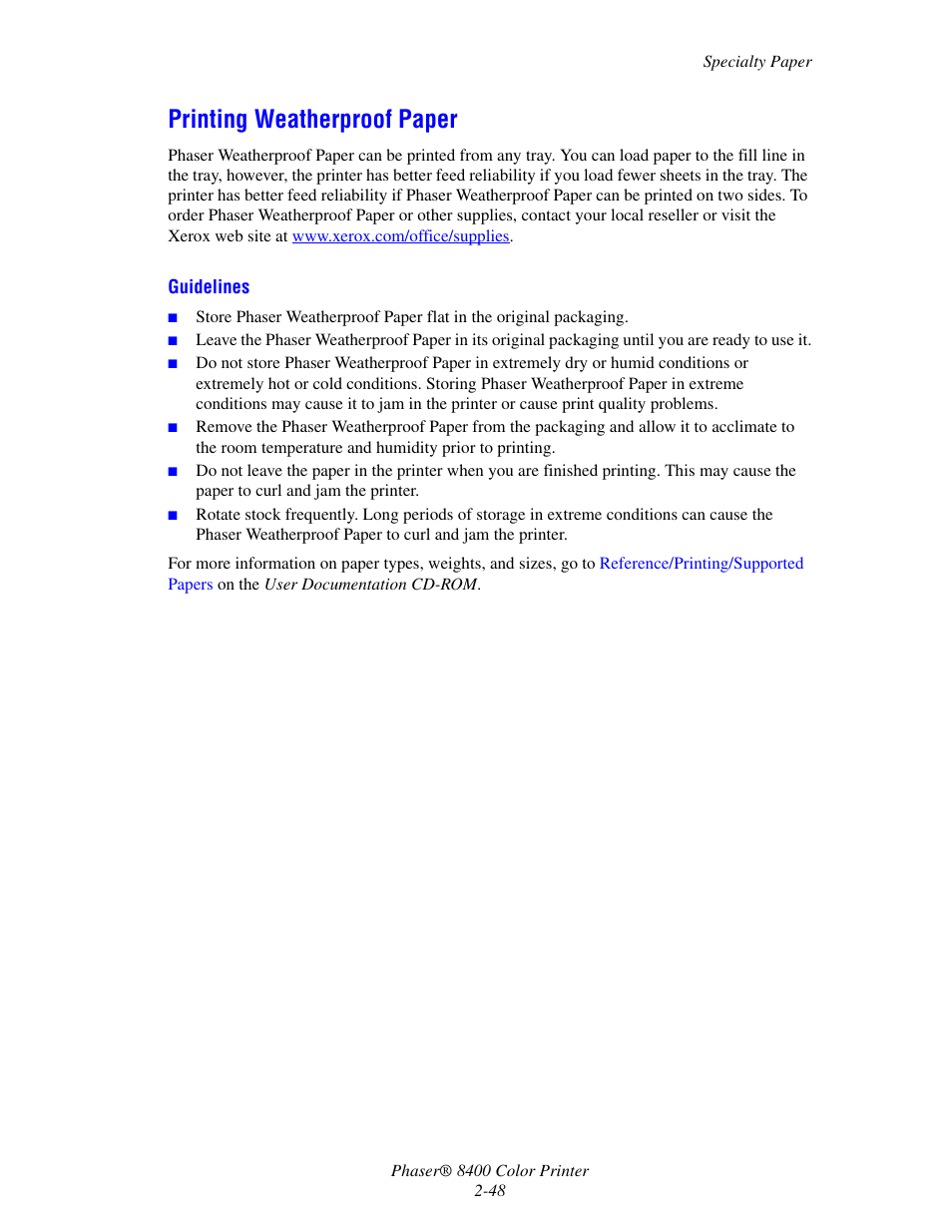 Printing weatherproof paper, Printing weatherproof paper -48 | Xerox Phaser Color Printer 8400 User Manual | Page 79 / 203