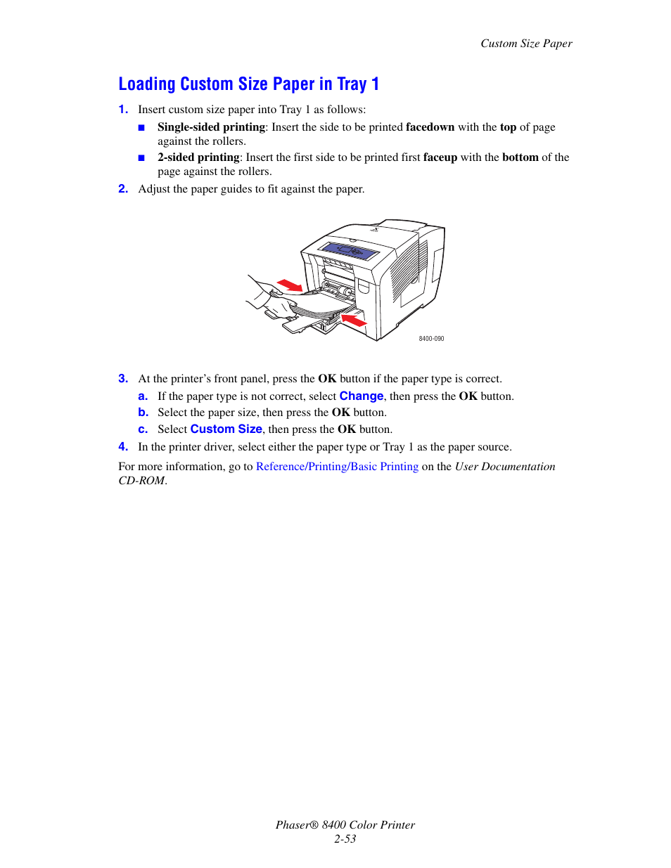 Loading custom size paper in tray 1, Loading custom size paper in tray 1 -53 | Xerox Phaser Color Printer 8400 User Manual | Page 84 / 203
