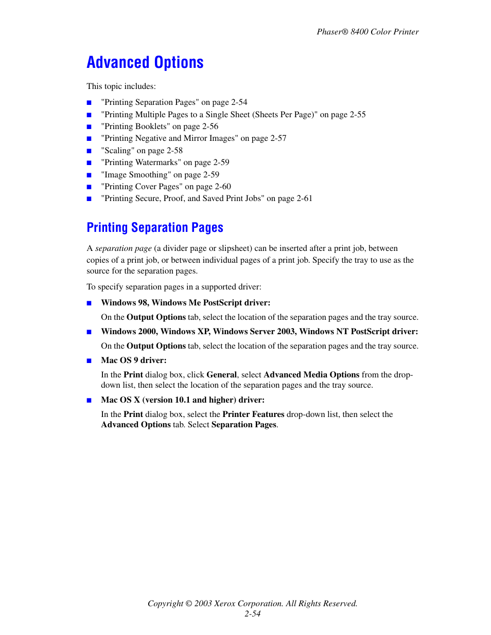 Advanced options, Advanced options -54, Printing separation pages | Xerox Phaser Color Printer 8400 User Manual | Page 85 / 203