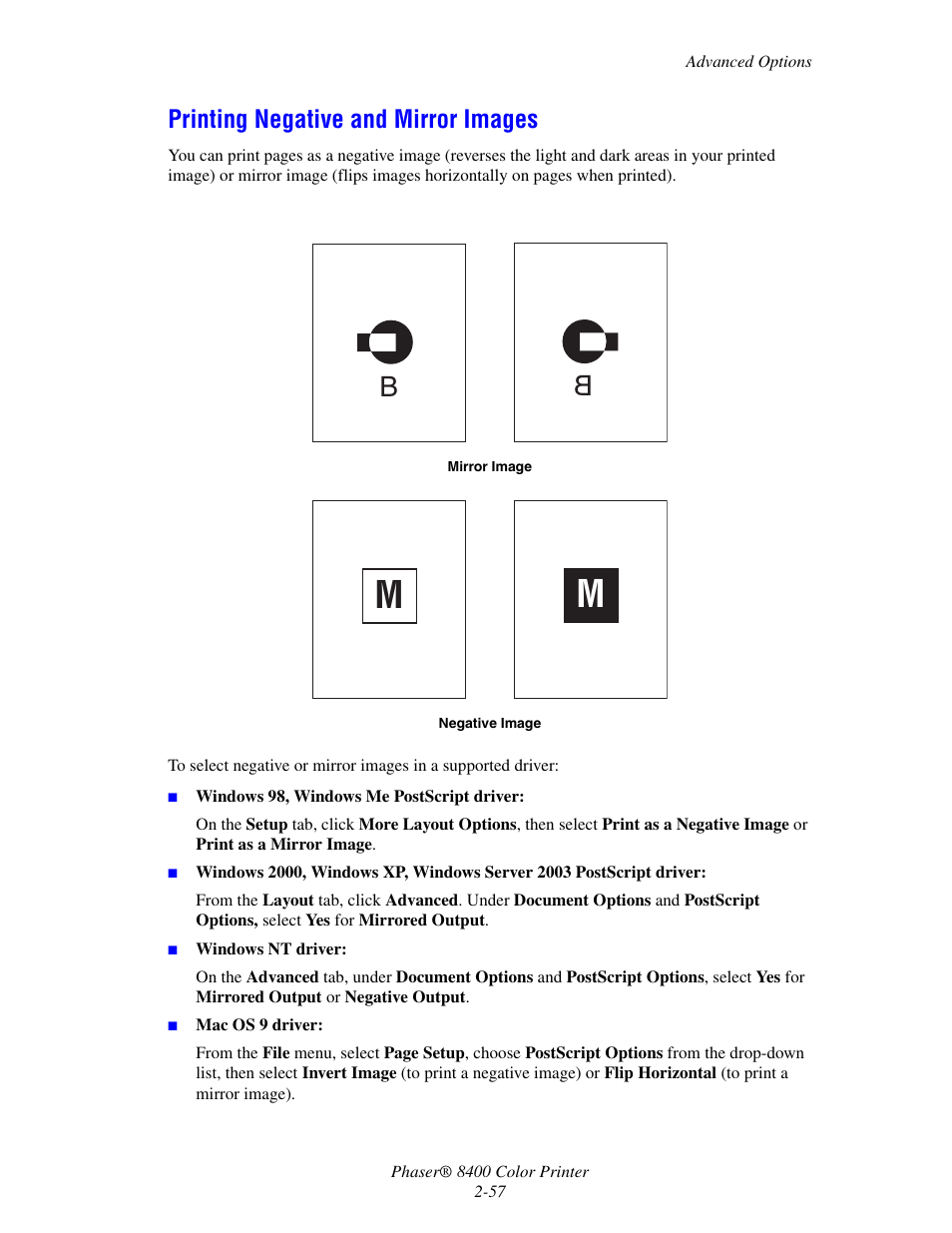 Printing negative and mirror images, Printing negative and mirror images -57 | Xerox Phaser Color Printer 8400 User Manual | Page 88 / 203