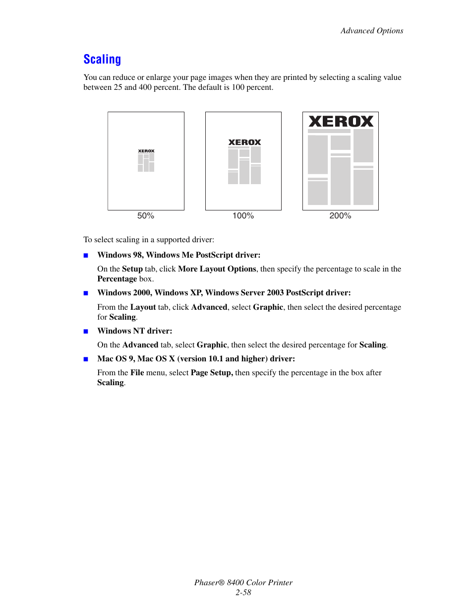 Scaling, Scaling -58 | Xerox Phaser Color Printer 8400 User Manual | Page 89 / 203