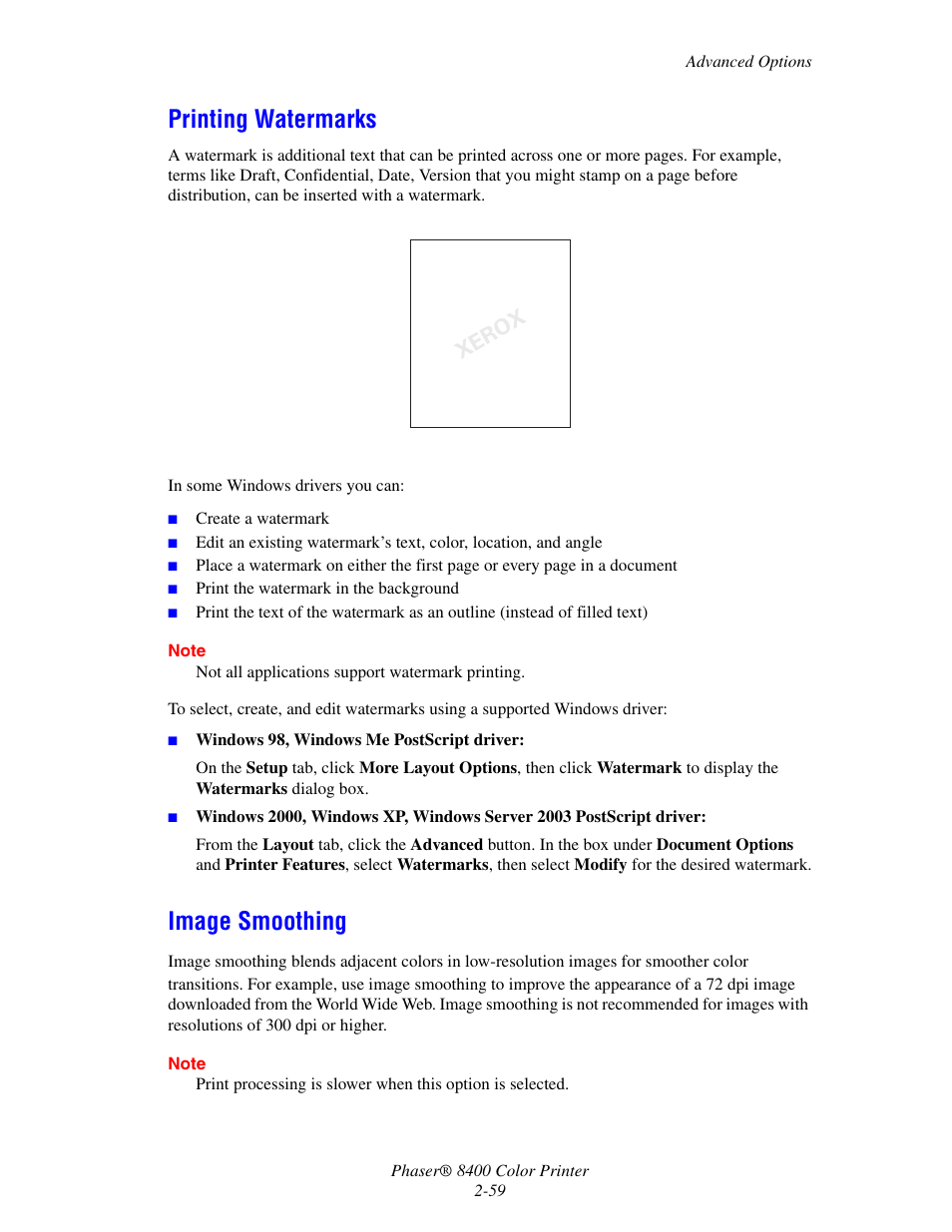 Printing watermarks, Image smoothing, Printing watermarks -59 image smoothing -59 | Xerox Phaser Color Printer 8400 User Manual | Page 90 / 203