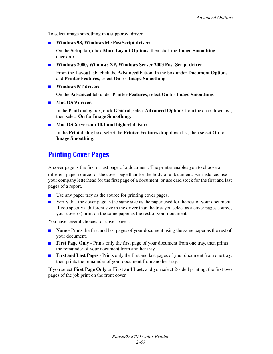 Printing cover pages | Xerox Phaser Color Printer 8400 User Manual | Page 91 / 203