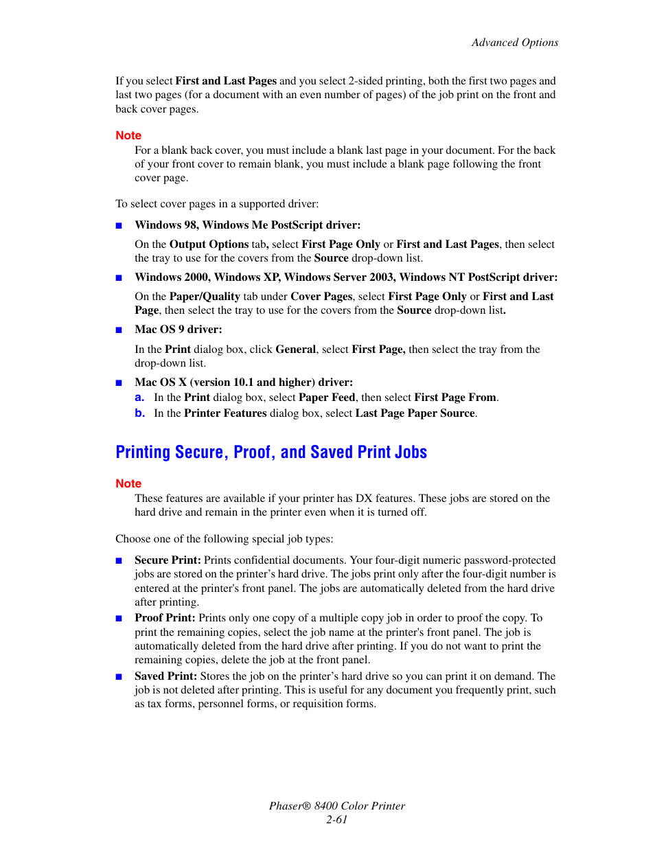 Printing secure, proof, and saved print jobs, Printing secure, proof, and saved print jobs -61 | Xerox Phaser Color Printer 8400 User Manual | Page 92 / 203