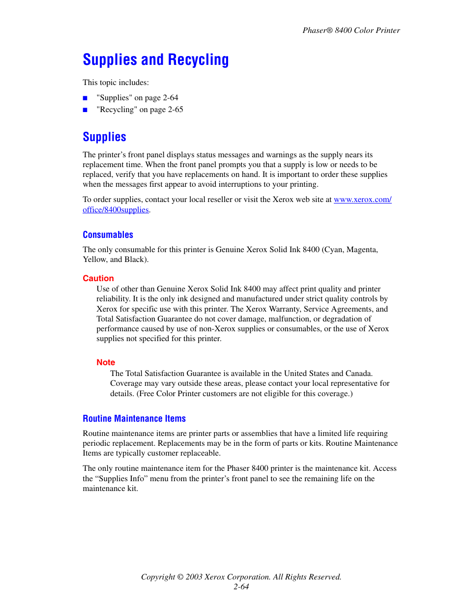 Supplies and recycling, Supplies, Supplies and recycling -64 | Supplies -64 | Xerox Phaser Color Printer 8400 User Manual | Page 95 / 203