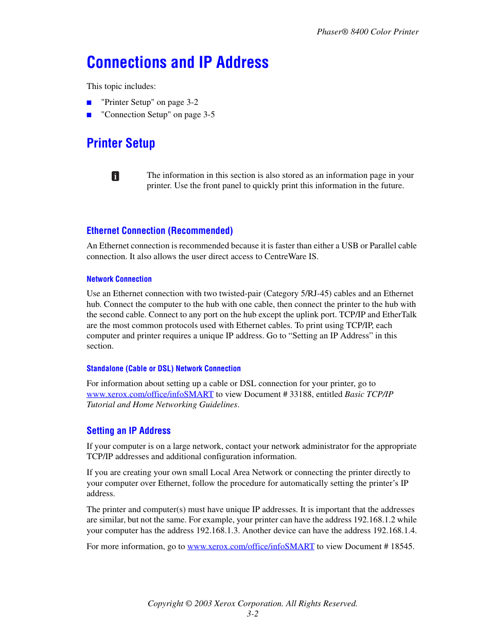 Connections and ip address, Printer setup, Connections and ip address -2 | Printer setup -2 | Xerox Phaser Color Printer 8400 User Manual | Page 98 / 203