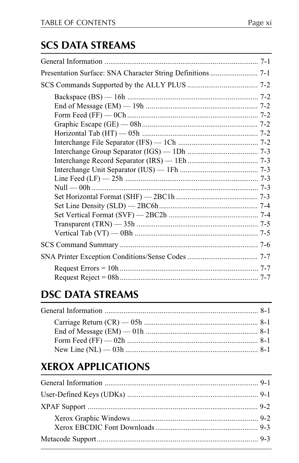 Scs data streams, Dsc data streams, Xerox applications | Xerox ALLY PLUSTM 6287 User Manual | Page 11 / 186