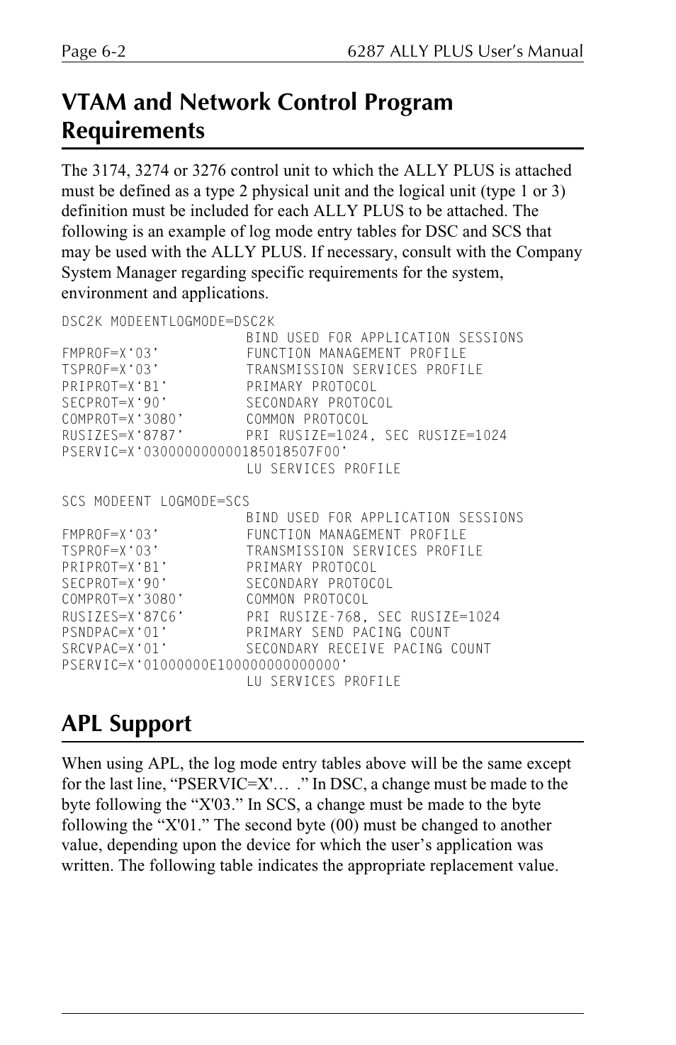 Vtam and network control program requirements, Apl support | Xerox ALLY PLUSTM 6287 User Manual | Page 110 / 186