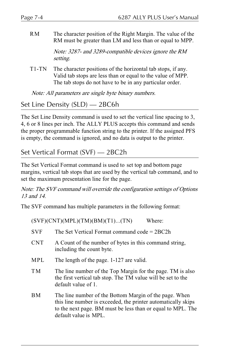 Set line density (sld) — 2bc6h, Set vertical format (svf) — 2bc2h | Xerox ALLY PLUSTM 6287 User Manual | Page 116 / 186