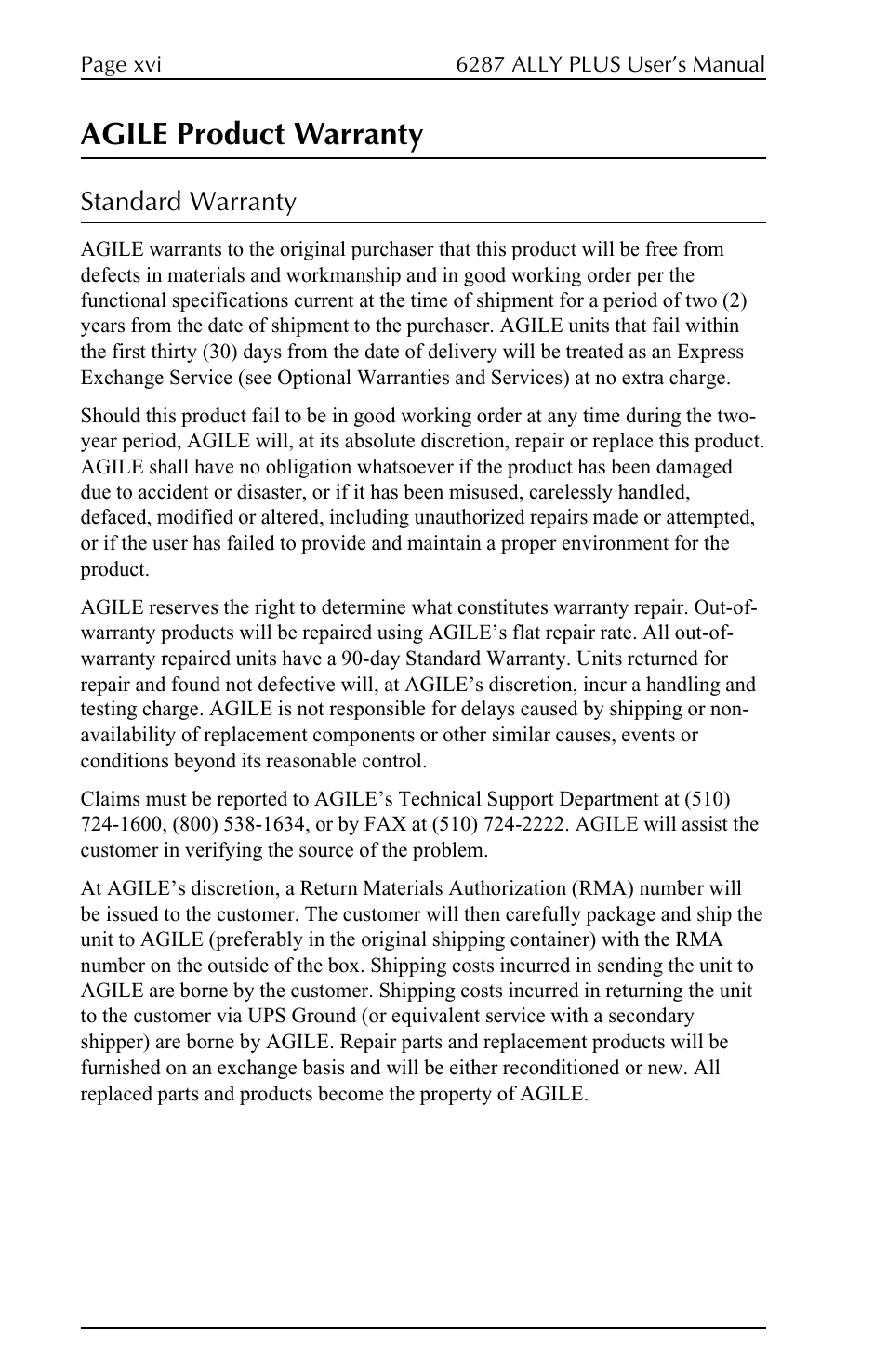 Agile product warranty, Standard warranty | Xerox ALLY PLUSTM 6287 User Manual | Page 16 / 186