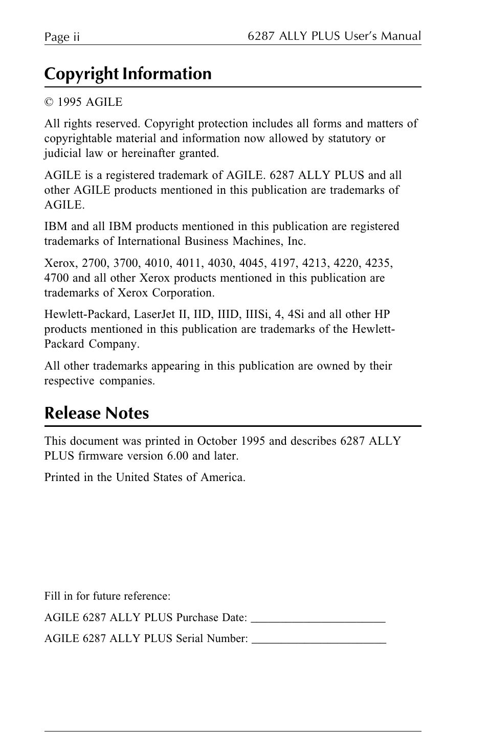 Copyright information | Xerox ALLY PLUSTM 6287 User Manual | Page 2 / 186