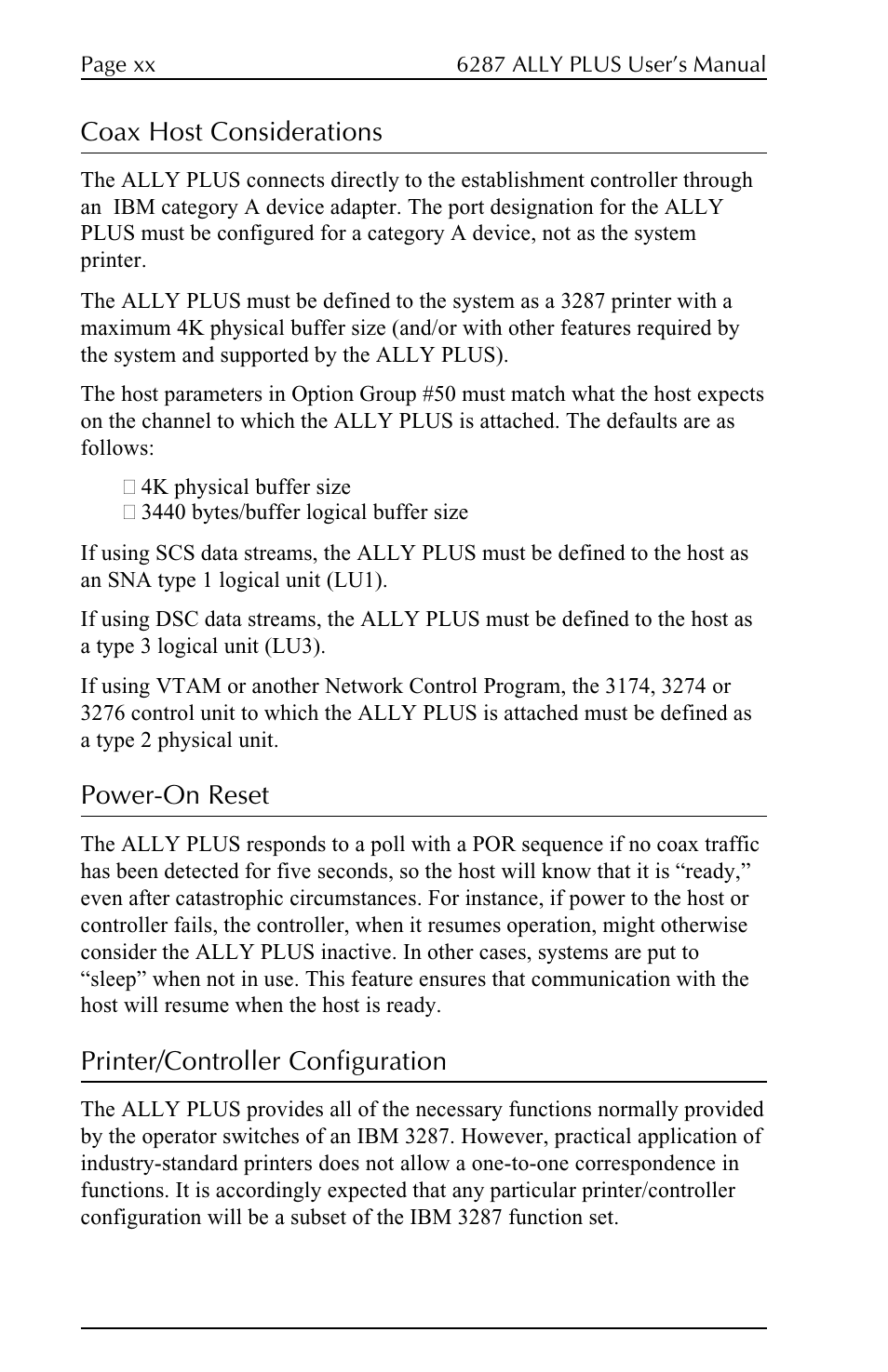 Coax host considerations, Power-on reset, Printer/controller configuration | Xerox ALLY PLUSTM 6287 User Manual | Page 20 / 186