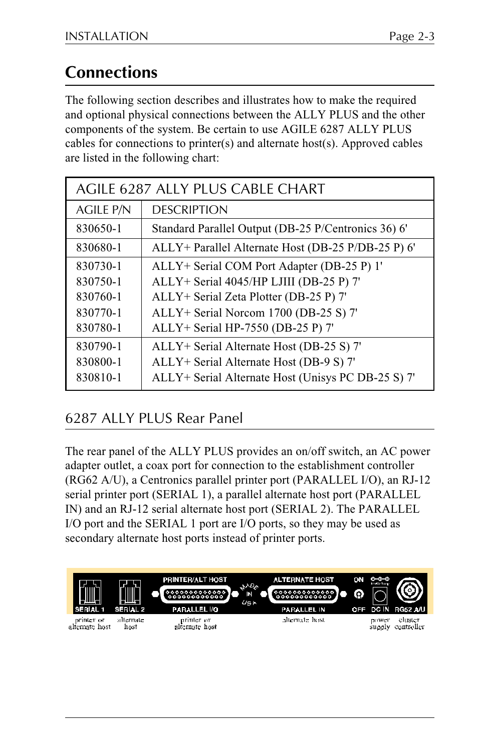 Connections, Agile 6287 ally plus cable chart, 6287 ally plus rear panel | Xerox ALLY PLUSTM 6287 User Manual | Page 27 / 186