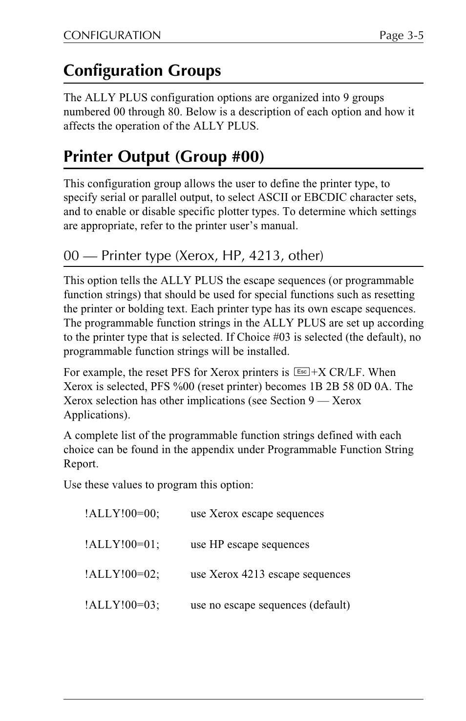 Configuration groups, Printer output (group #00) | Xerox ALLY PLUSTM 6287 User Manual | Page 45 / 186