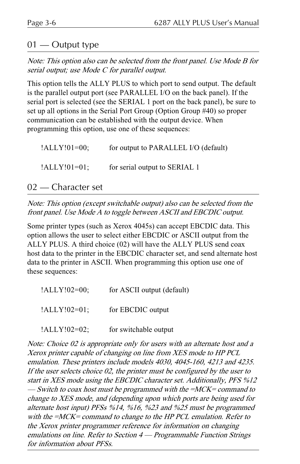 01 — output type, 02 — character set | Xerox ALLY PLUSTM 6287 User Manual | Page 46 / 186